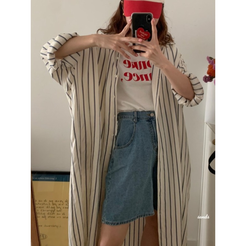 Korean Style A Line Shirt Dress - Koreaanse minimalistische losse kraag strepen luie