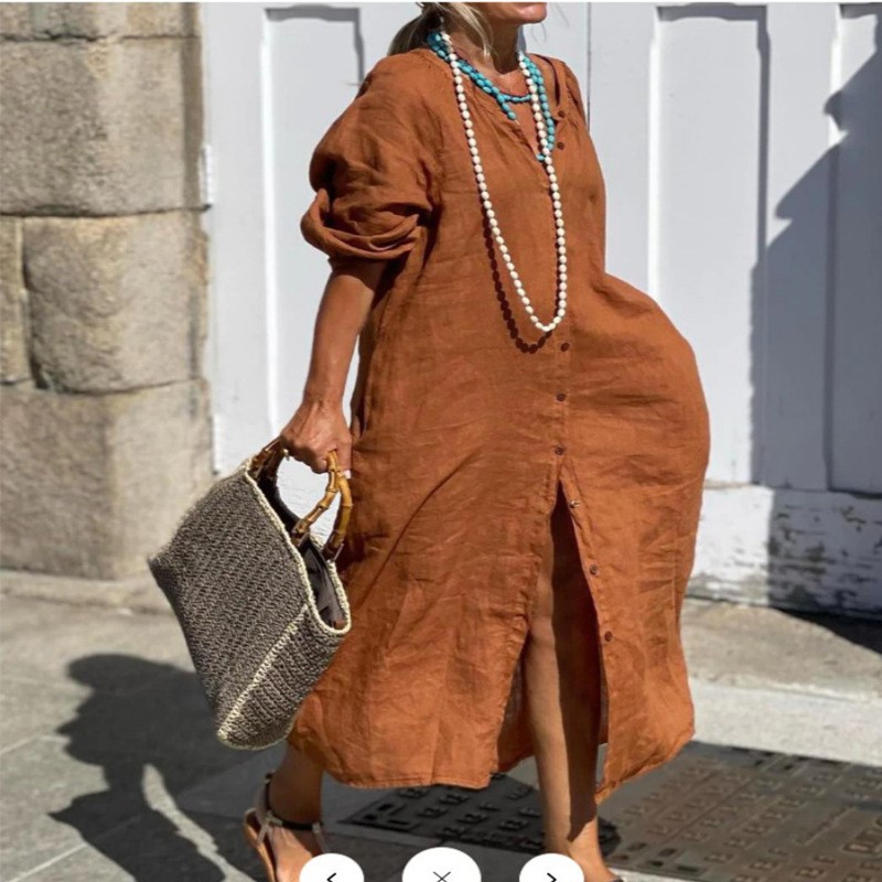 Casual Loose Linen Shirt Dress - Mode elegante lente katoenen linnen jurk