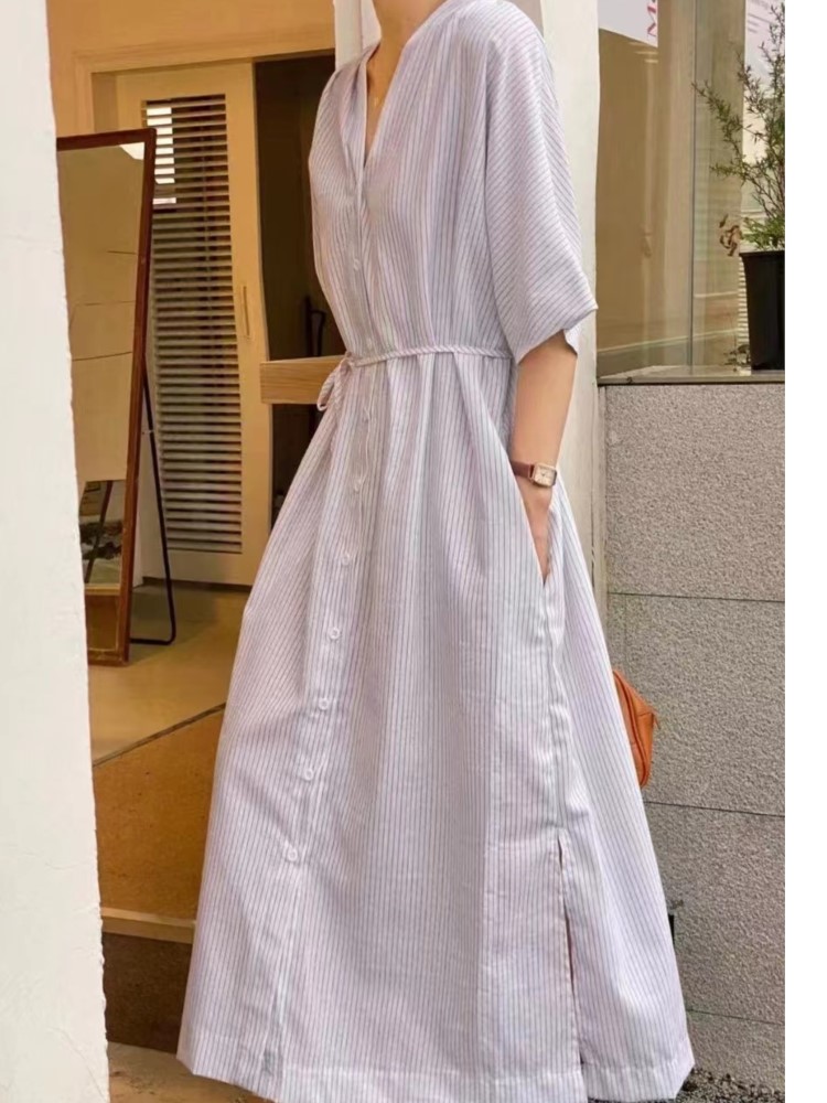Casual Loose Linen Shirt Dress - Zomer vintage gestreept linnen shirt vrouwen