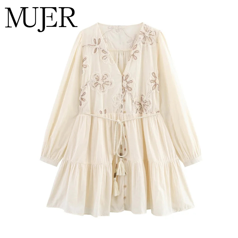 French Vintage Floral Midi Dress - MUJER Bloem Geborduurde Mini Jurk Vrouwen