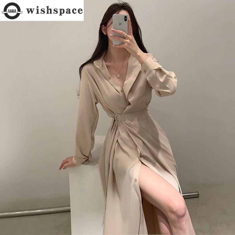 Korean Style A Line Shirt Dress - Lange mouwen revers shirt stijl jurk