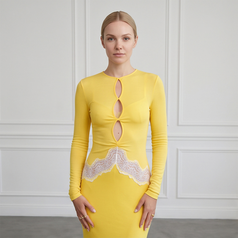 Bodycon Long Sleeve Ribbed Dress - Dames Geel Kant Uitgesneden Maxi-jurk met