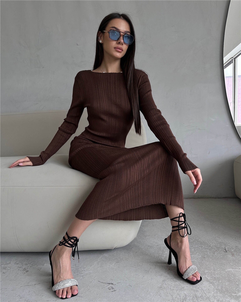 Bodycon Long Sleeve Ribbed Dress - Vsstiar Nieuwe Mode Geribbelde Gebreide Vrouwen