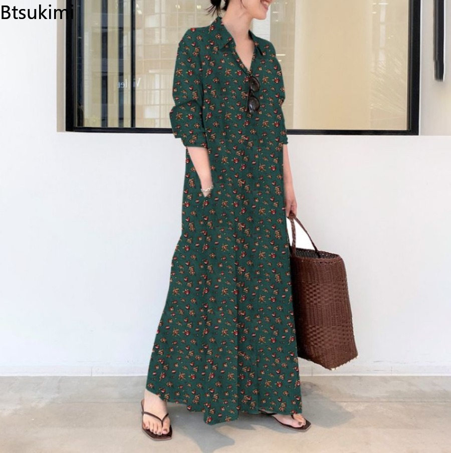 Nieuwe dames print lange stijl - Casual Loose Linen Shirt Dress recensie en prijs