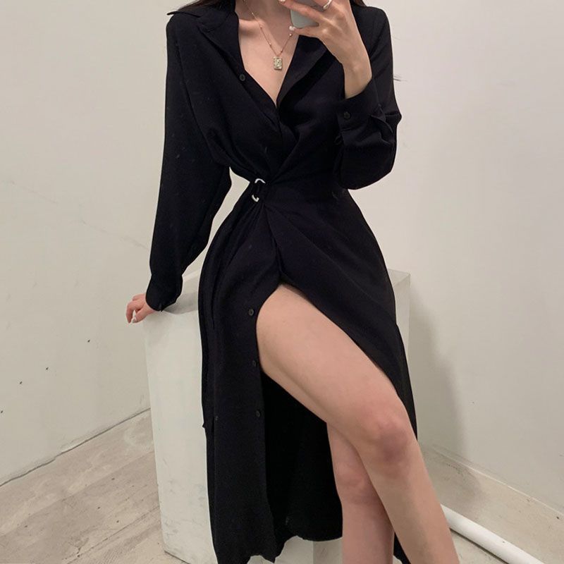 Lange mouwen revers shirt stij - Korean Style A Line Shirt Dress recensie en prijs