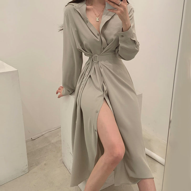 Lange mouwen revers shirt stij - Korean Style A Line Shirt Dress recensie en prijs