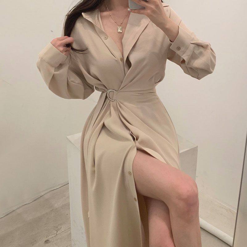 Lange mouwen revers shirt stij - Korean Style A Line Shirt Dress recensie en prijs